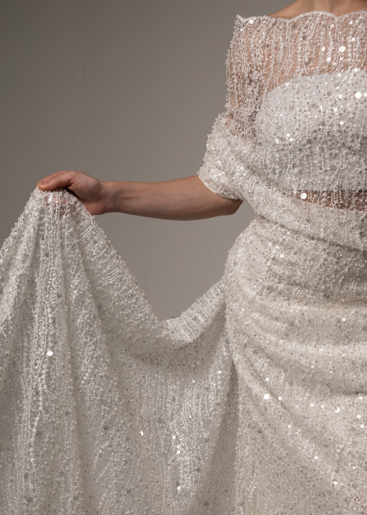 Detalle de tela con perlas y lentejuelas glitter, bordado sobre tul con efecto brillante y relieve.
