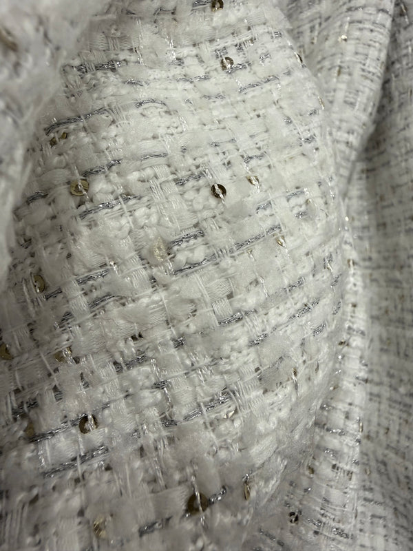 TWEED BLANCO LUREX PLATA LENTEJUELA