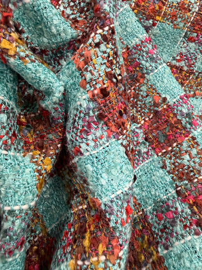 Tela tweed Minicuadros en verde agua y granate - Arte con Telas