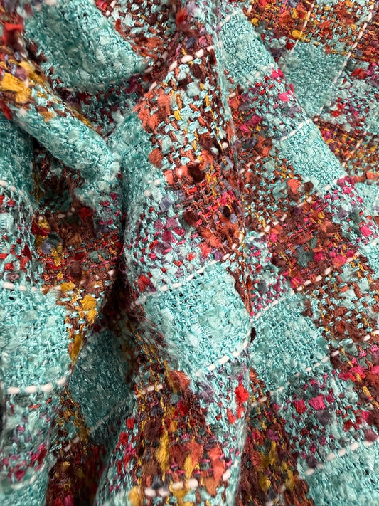 Tela tweed Minicuadros en verde agua y granate - Arte con Telas