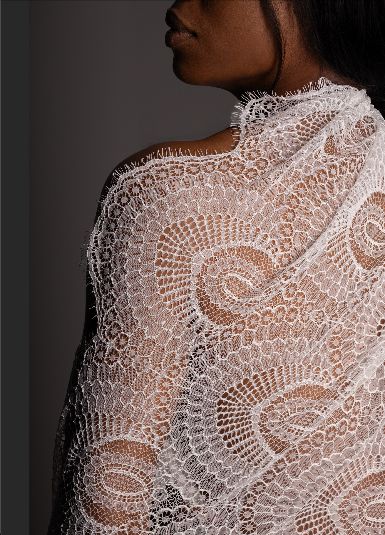 Detalle de encaje blanco de novia con patrón floral bordado y transparencia