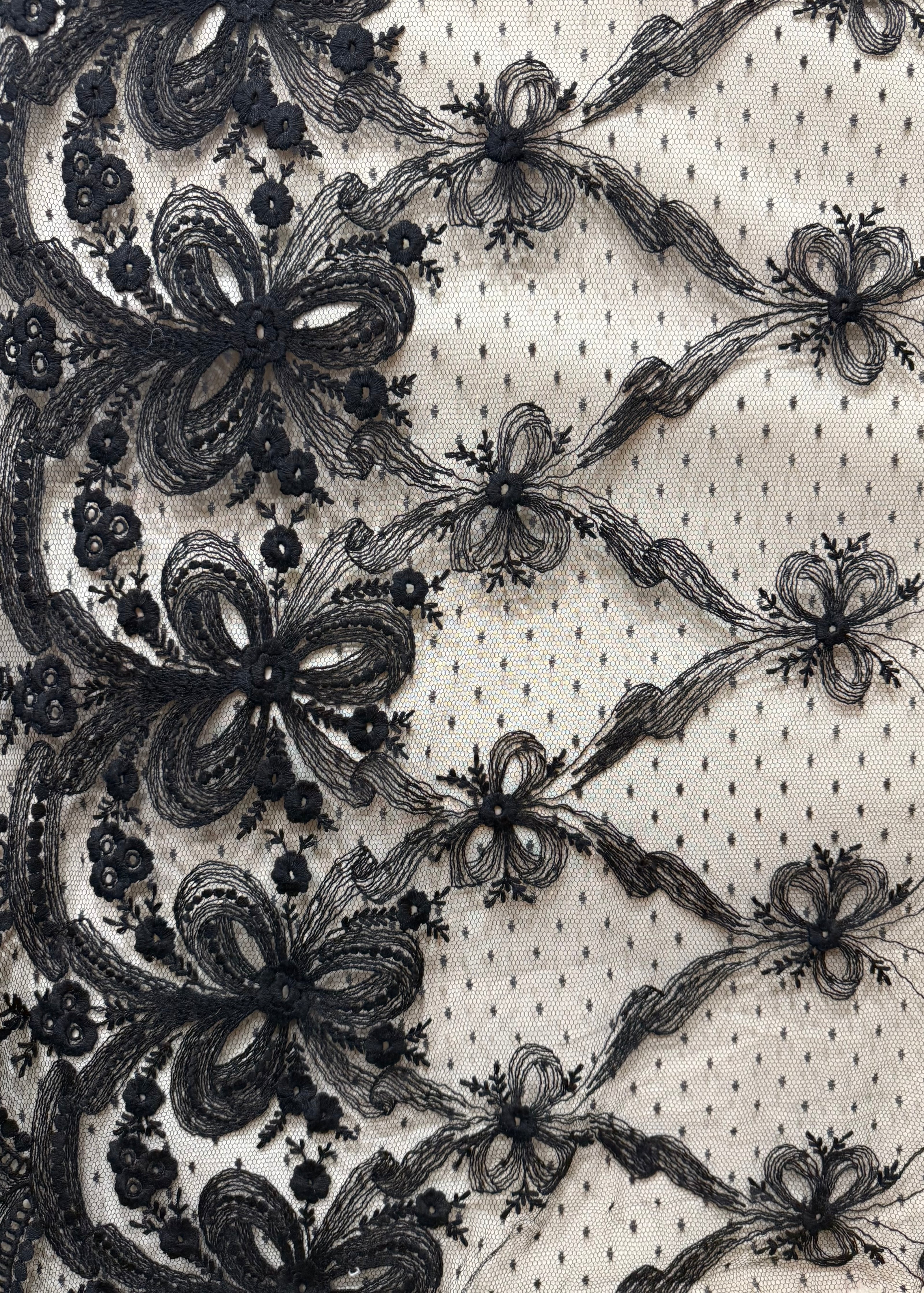 Encaje negro plumeti con bordado floral en detalle