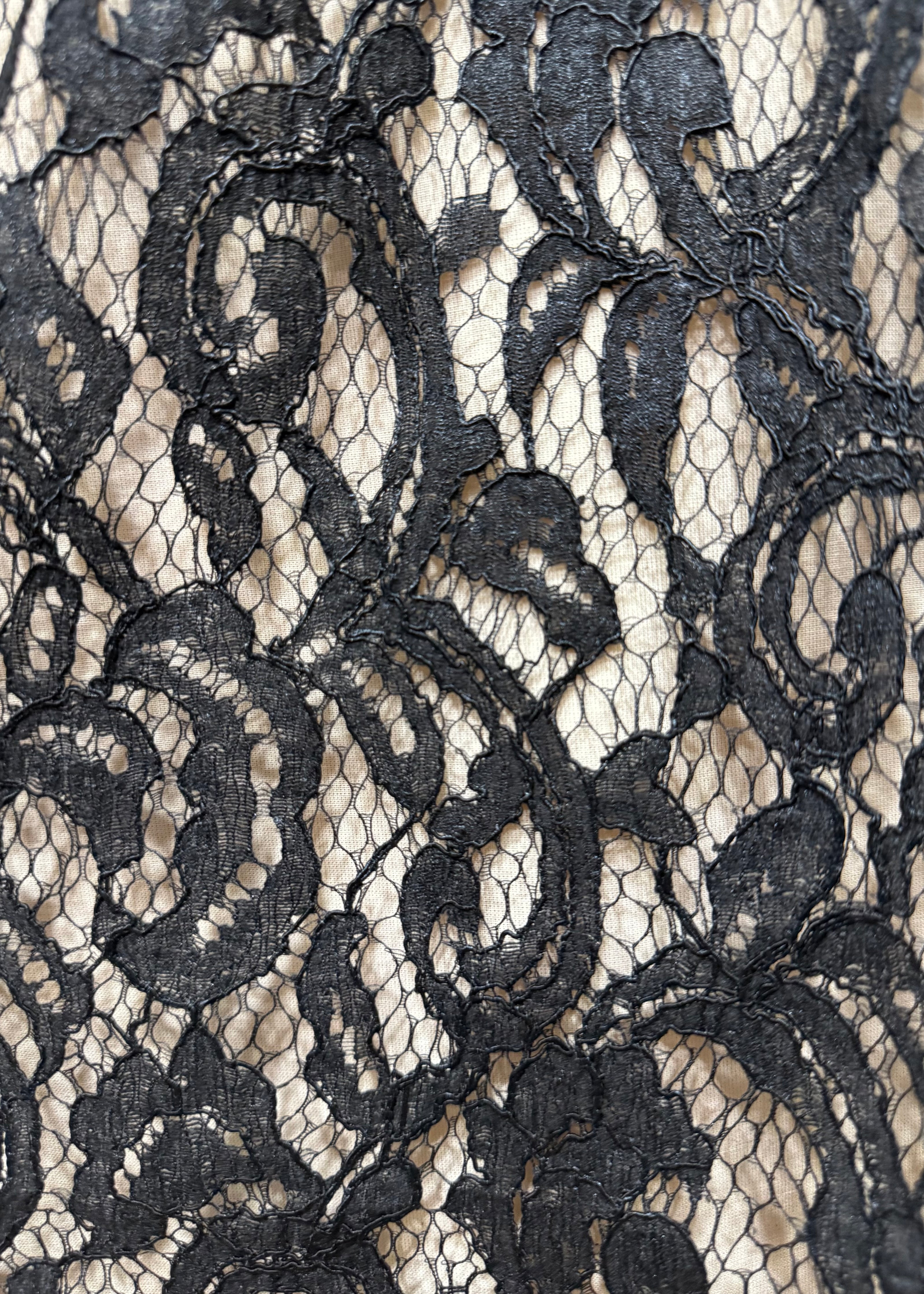 Detalle de encaje negro rebrodé con bordado en relieve sobre tul
