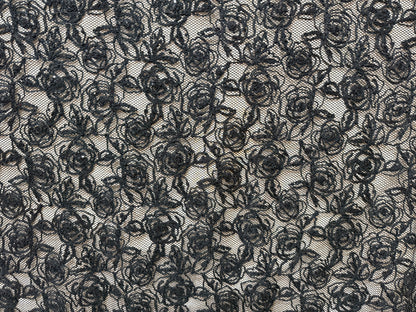 Tela tul floral negra transparente con bordado en relieve